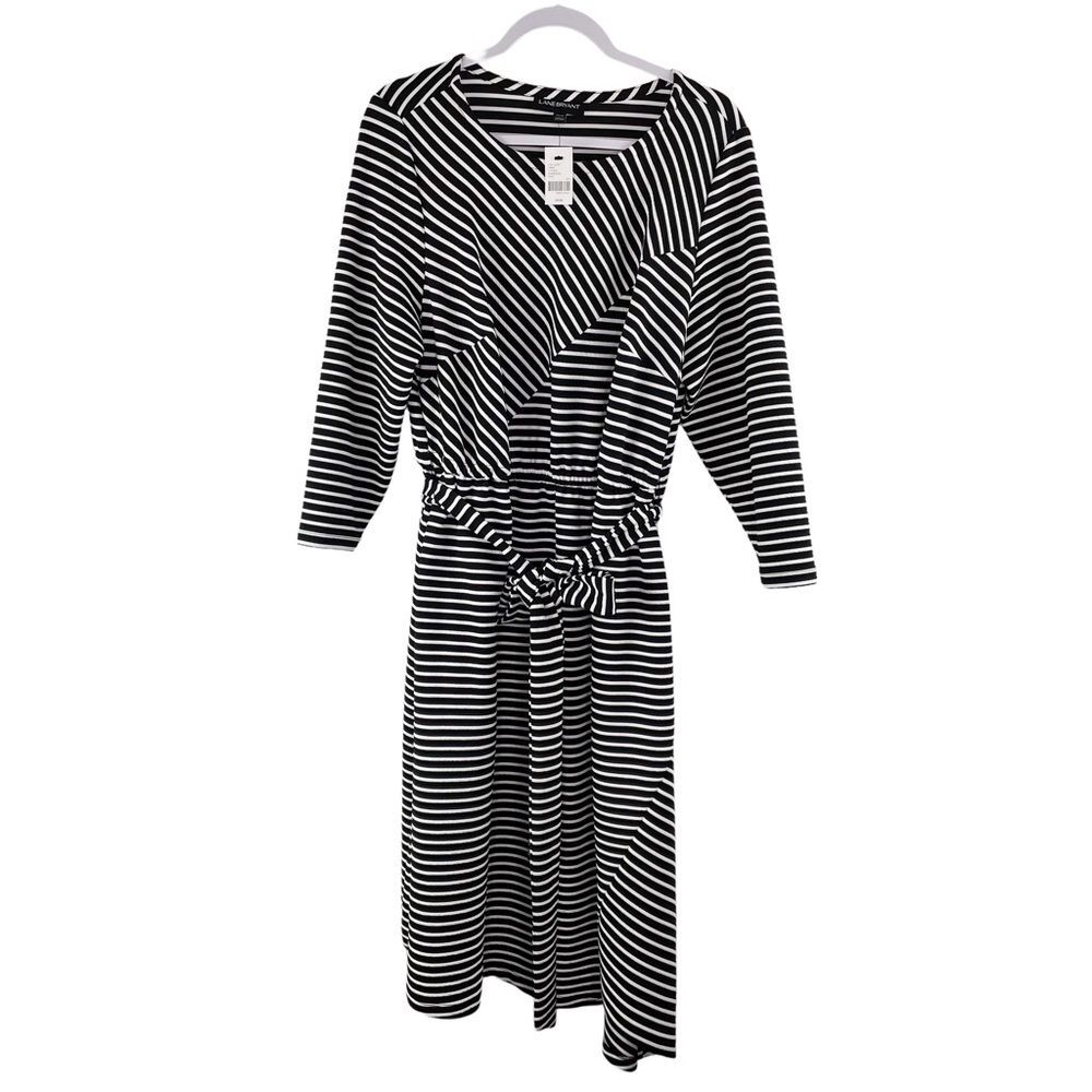 Lane Bryant Dress Fit Flare Black White Striped Belted Ponte Knit New Si…